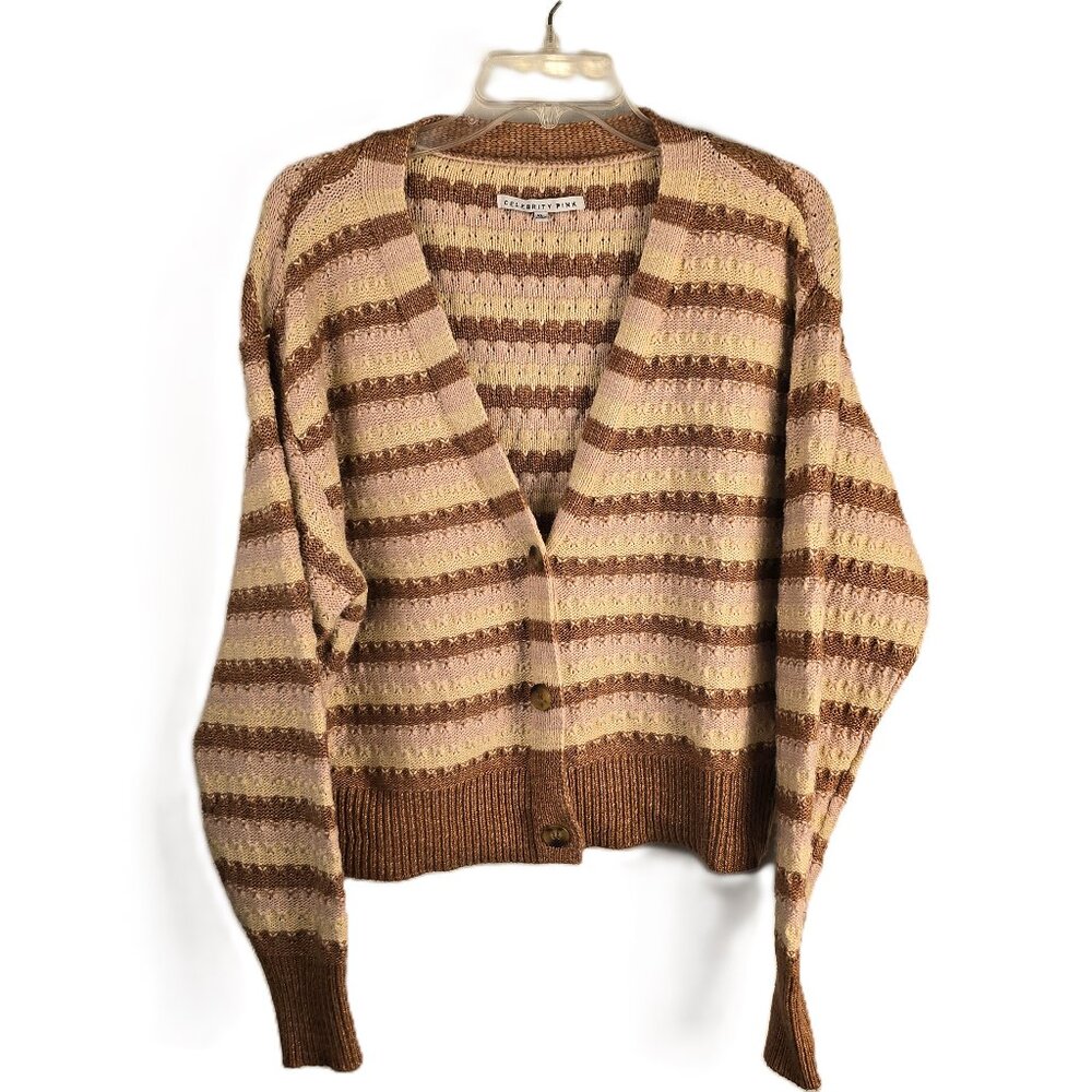 Celebrity Pink Cropped Cardigan Sweater Womens XL Misty Rose Stripe Long Sleeves